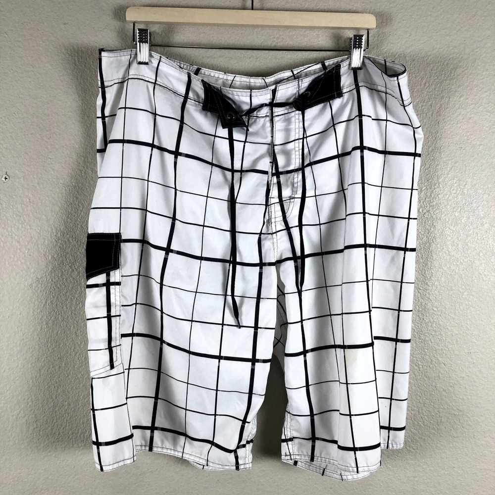 Nonwe Board Shorts Mens 38 x11 White Black Check Swim Surf Beach Vacay